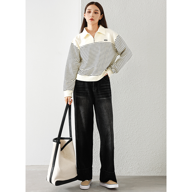 专柜439【兰】冬装 翻边宽脚后腰松紧阔腿牛仔裤627