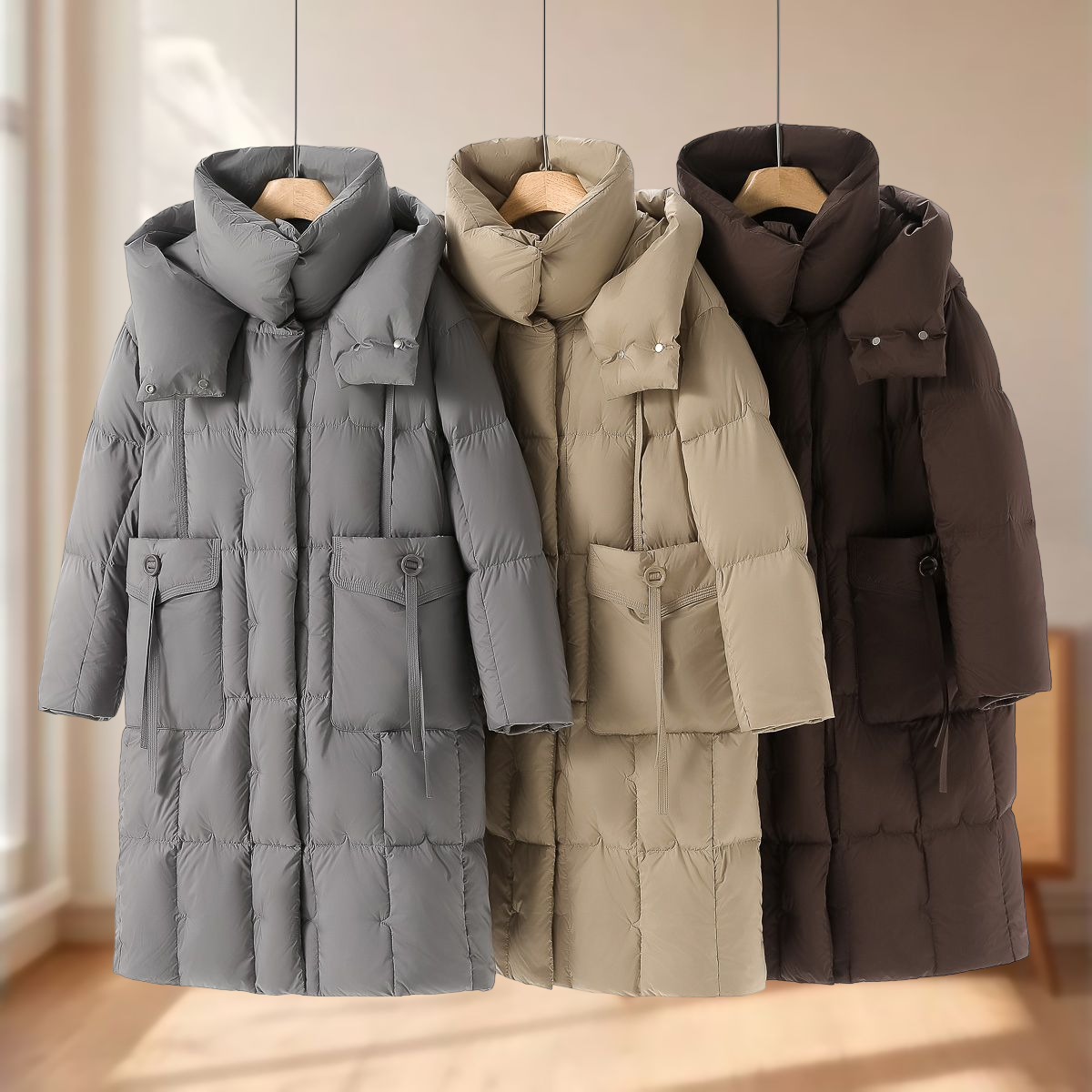 鹅绒服【博】25冬装 连帽立领软乎感大口袋长款纯色羽绒服623