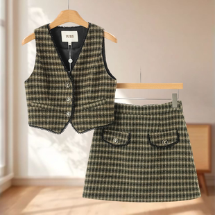 包臀短裙含绵羊毛格子套装 串珠V领马甲 511 冬季 女装 新款 蕾