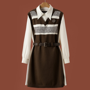 领腰带针织连衣裙180 拼接假两件衬衫 秋季 新款 50%粘纤 女装 朗