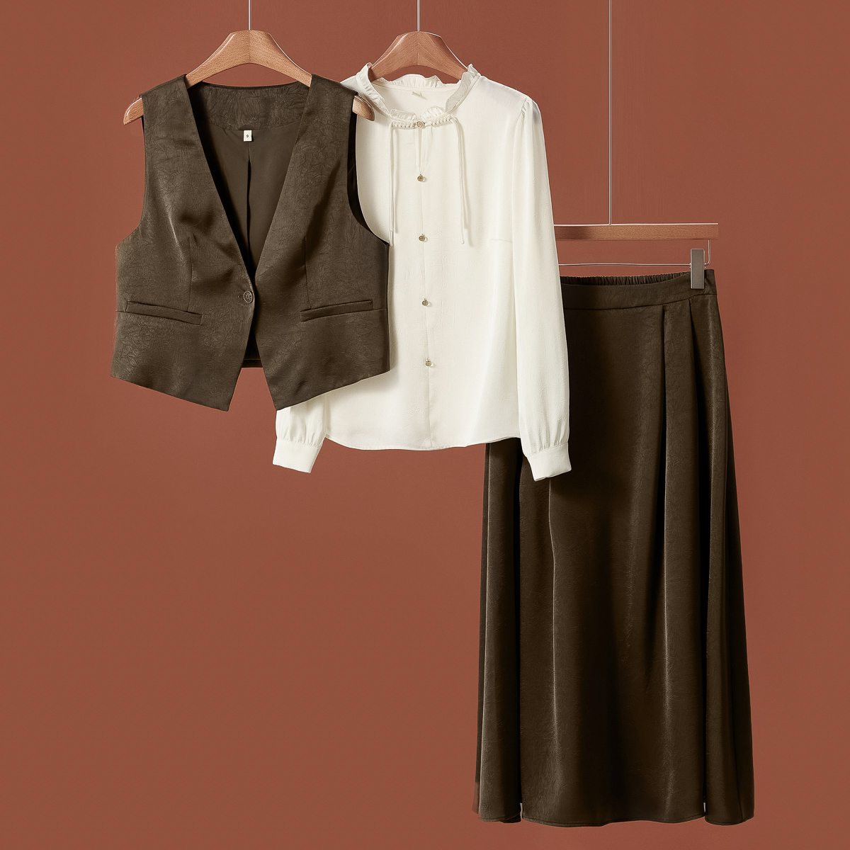 【Z姿】木耳立领衬衫+马甲+松紧半裙套装125~秋季新款女装