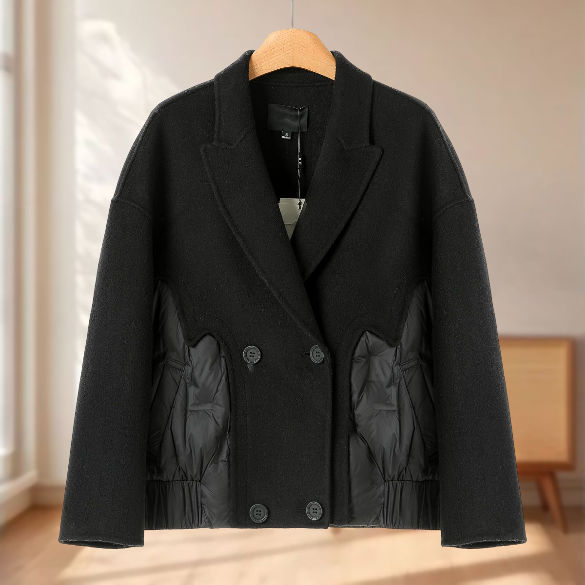 专柜1599【妍B】冬季 松紧摆显高挑羽绒拼接双面呢大衣209