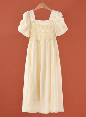 专柜699 74.1莱赛尔纤维【HO】*绍 方领泡泡袖天丝连衣裙433~夏季