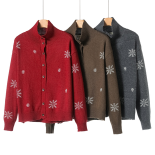 翻领单排扣雪花针织开衫 12%兔毛 冬装 申 外套254 44%绵羊毛