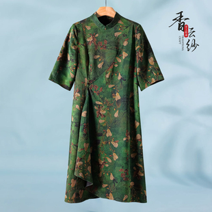 专柜3680 100桑蚕丝【缔】夏装 五分袖印花香云纱花罗连衣裙792