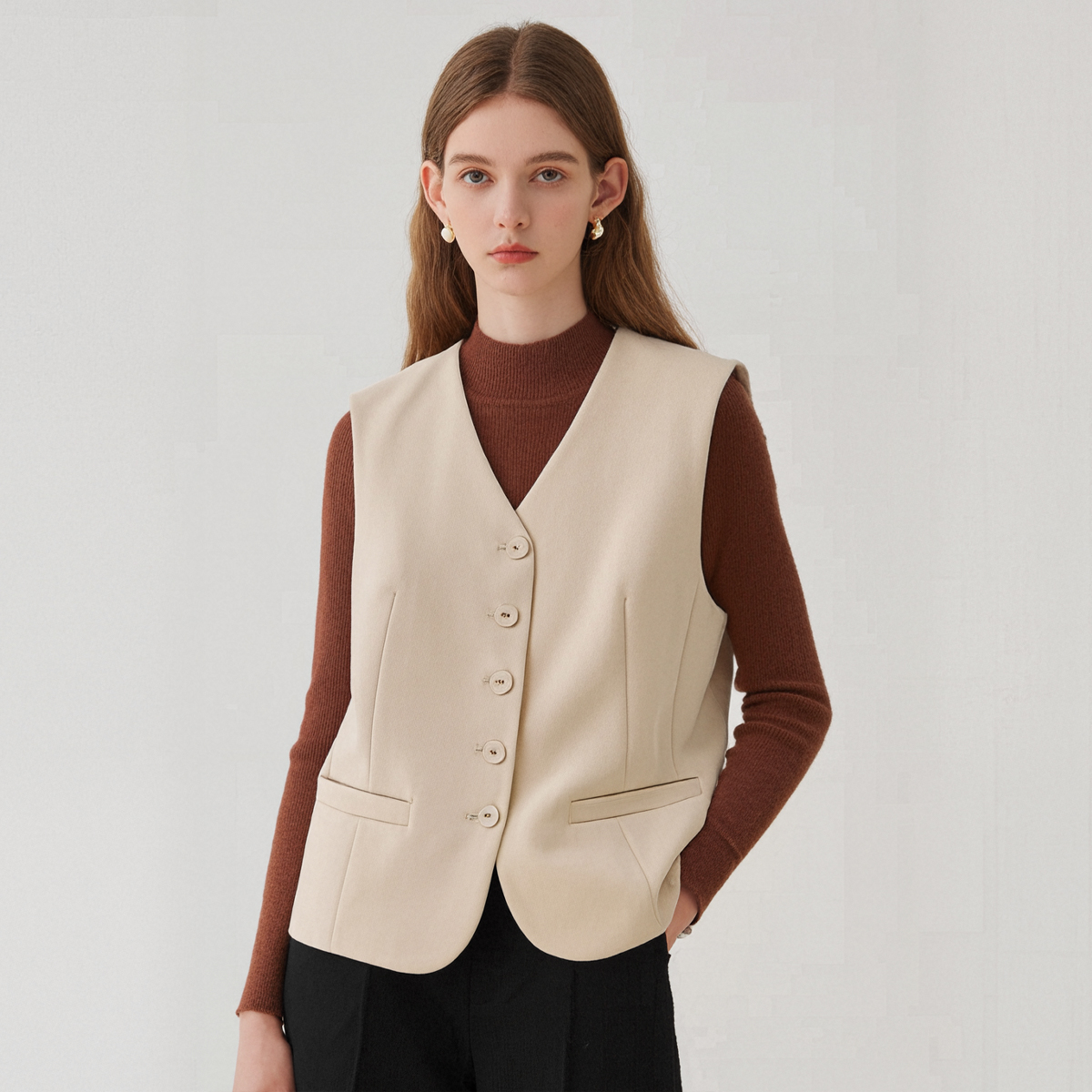 专柜558【鸶】 通勤气质V领单排扣纯色马甲外套068~秋季新款女装