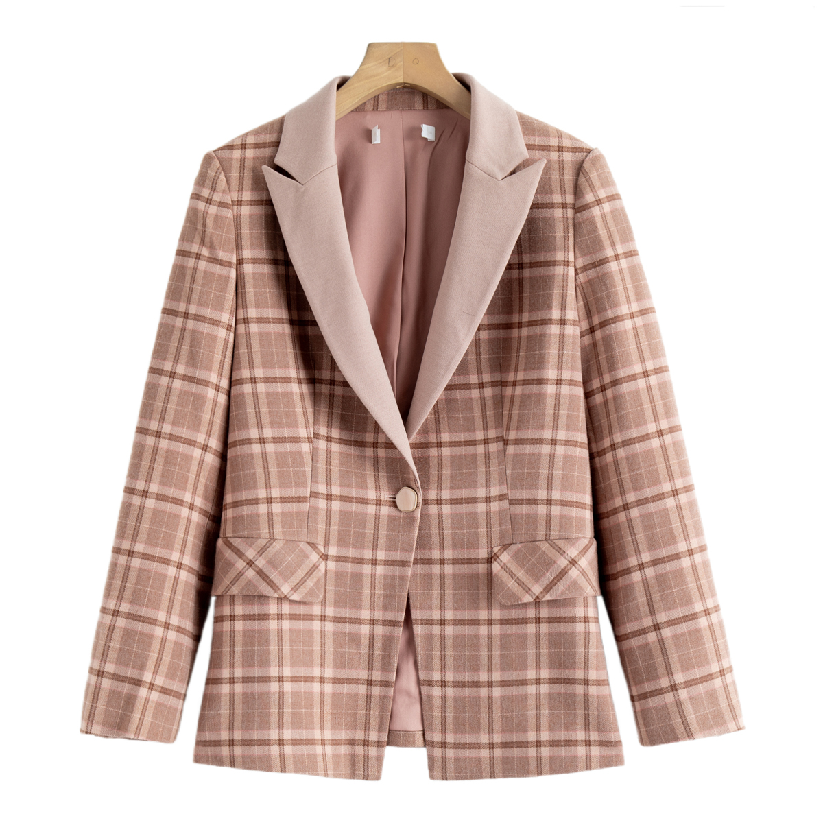 格子一粒扣收腰开叉西服