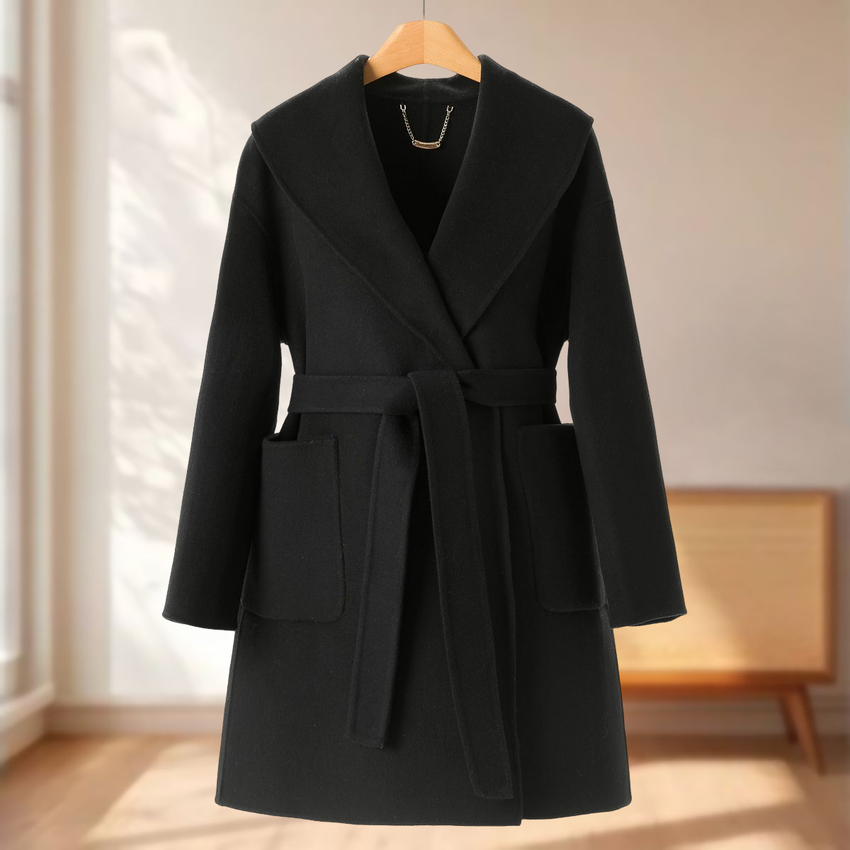 10%山羊绒【姿】开衫绵羊毛系腰带双面呢大衣681~冬季新款女装