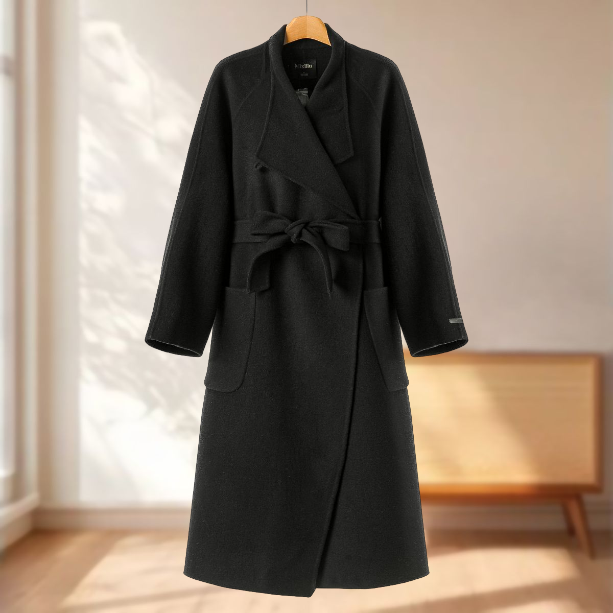 专柜2699 100绵羊毛【兰】冬装 斜门襟系腰带开衫双面呢大衣013