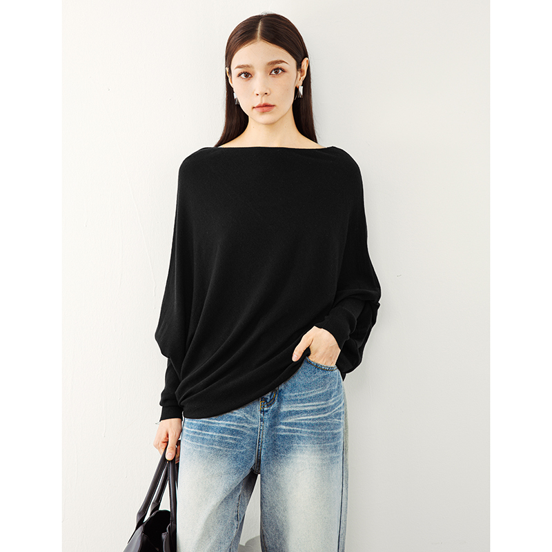 专柜599 30%绵羊毛【兰】冬装 不规则斜摆蝙蝠袖针织衫092