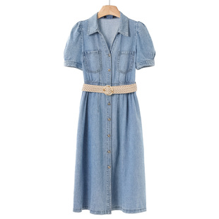 新款 气质修身 夏季 女装 翻领过膝牛仔连衣裙013
