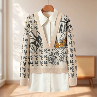 衬衫 冬装 领含绵羊毛假两件套头针织外套153 木X 专柜799