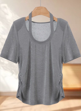 专柜539 94%醋酯纤维【莫Y】春装 垫肩增高烫钻挂脖式T恤734