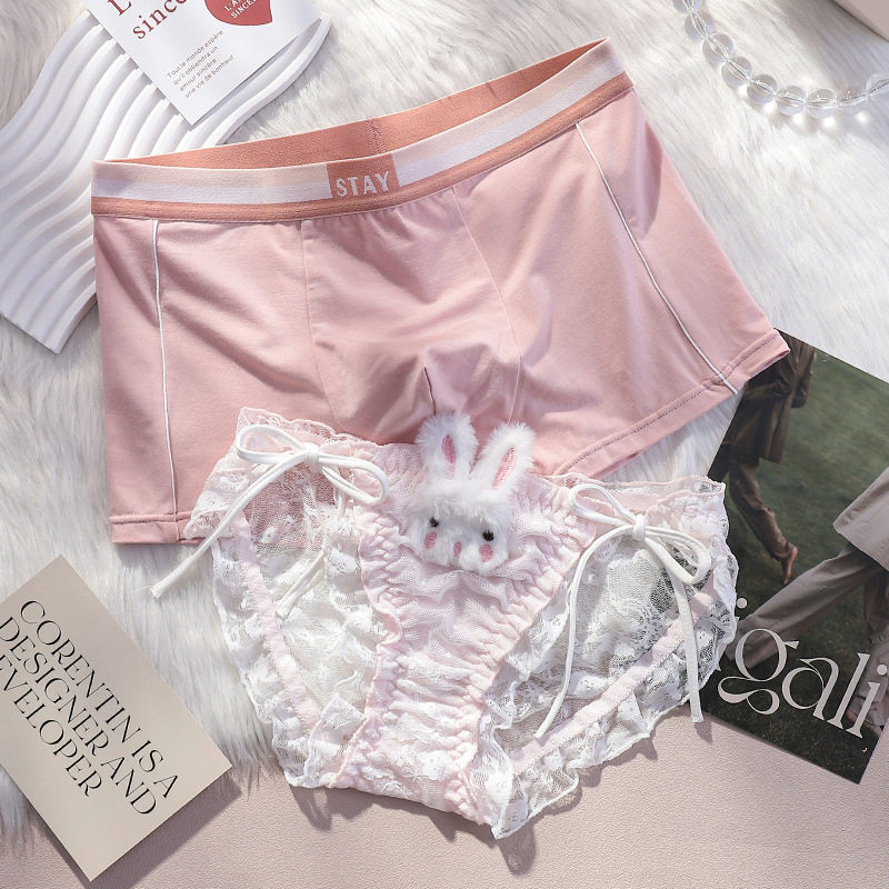 夏季新款情侣内裤一男一女性感纯欲风兔兔可爱绑带蕾丝内衣套装,女士内衣/男士内衣/家居服,男平角内裤,淘宝优惠券,粉丝福利购,淘宝优惠卷