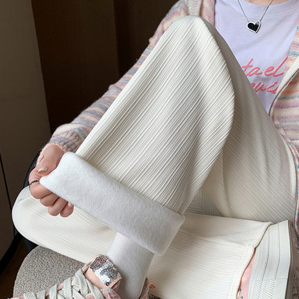 秋冬季竖条纹松紧腰休闲女裤加绒加厚高腰垂感阔腿裤宽松显瘦长裤