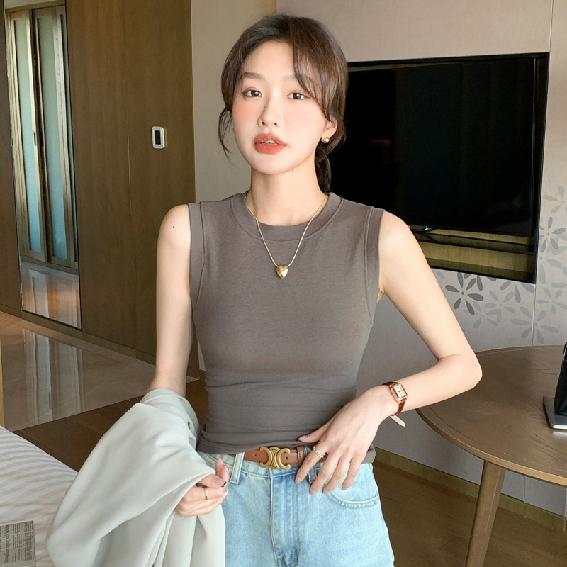 半高领遮副乳坎袖针织背心打底衫