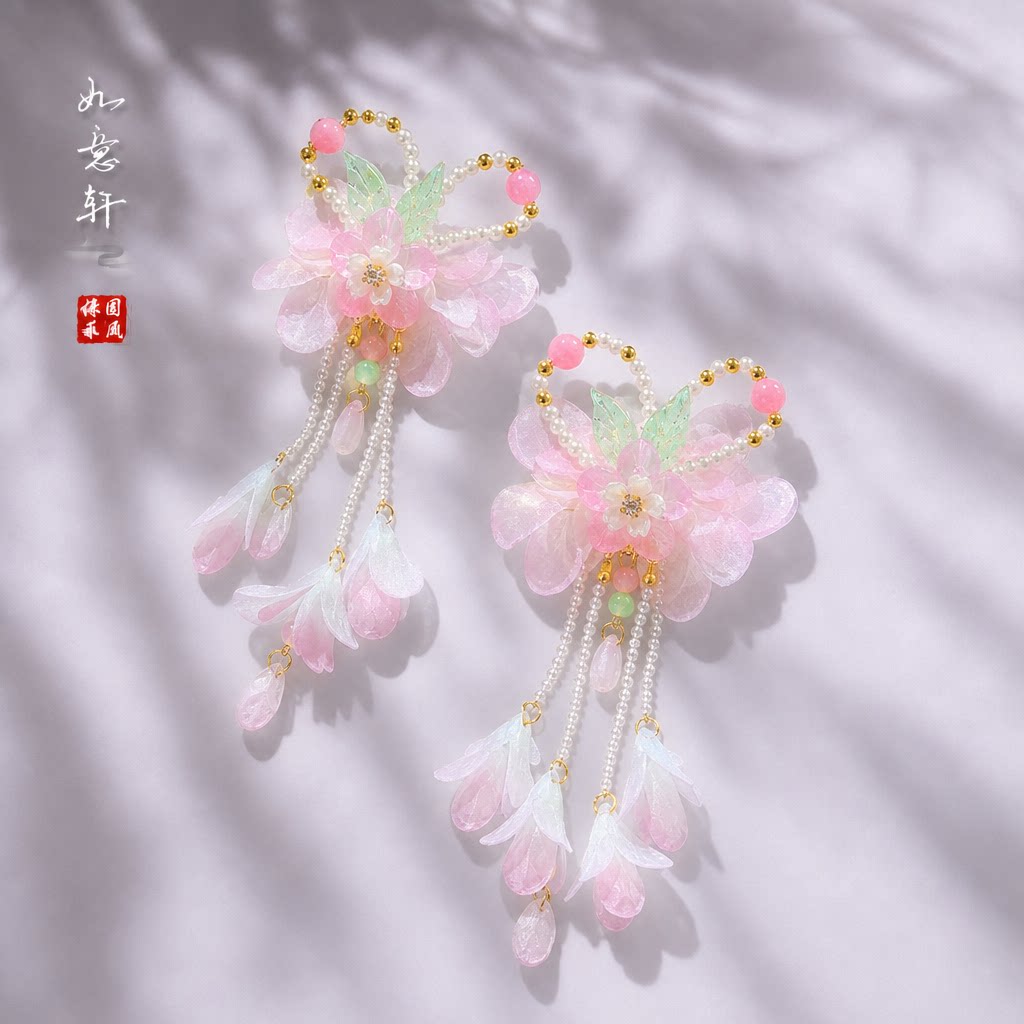 成人古风缠花发簪汉服头饰 工花朵流苏飘带少女琉璃汉服写真配饰