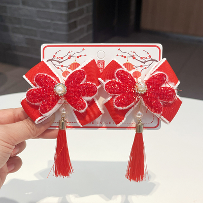 马年春节2026新年红色蝴蝶结发夹女童中国风珍珠流苏对夹喜庆头饰