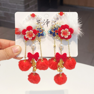 古风流苏发夹女儿童中国风汉服配饰宝宝过年对夹头饰新年红色发卡