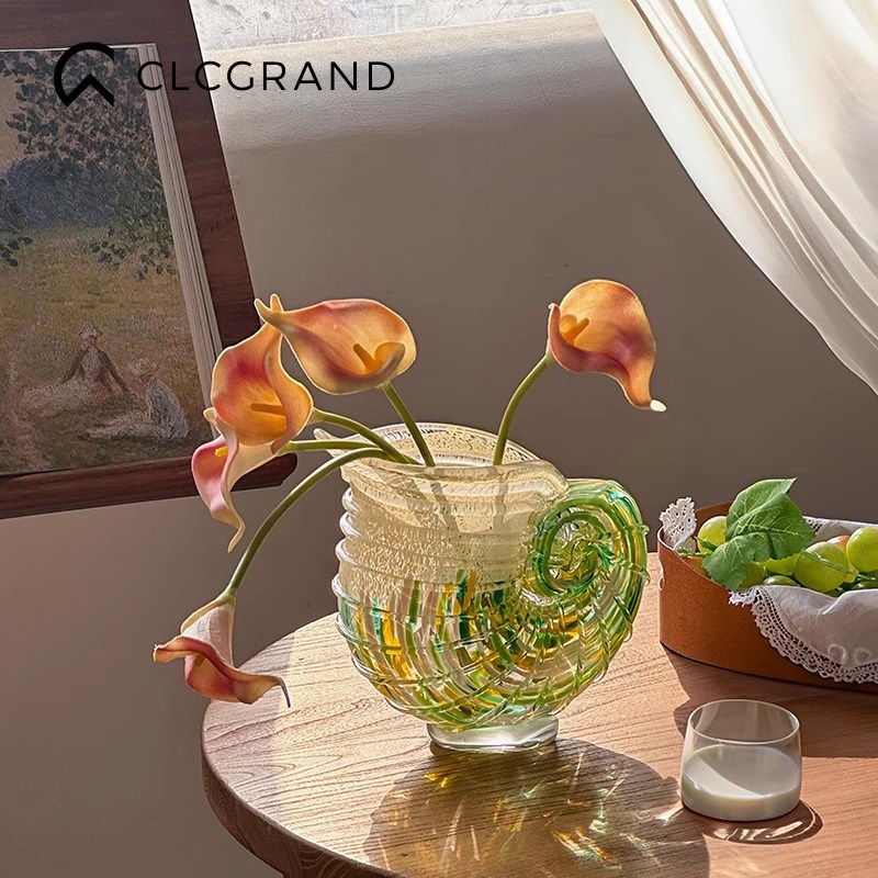 高级感创意彩色海螺玻璃花瓶w摆件轻奢高档客厅桌面插花装饰品花