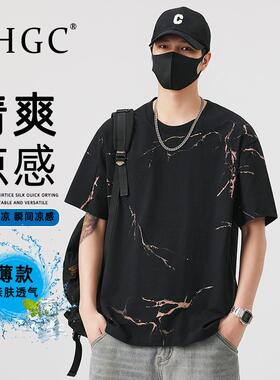 XHGC2026年夏季新品扎染圆领t恤男美式潮流时尚休闲宽松高级短袖