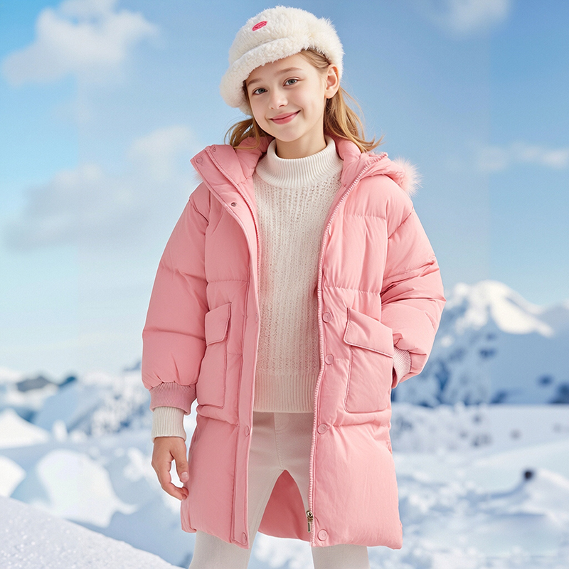 粉色中长款羽绒服女童加厚保暖连帽工装口袋白鸭绒外套