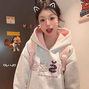 加绒加厚国潮情侣装 卫衣女2025新款 外套 高街贴布字母刺绣帽衫 美式