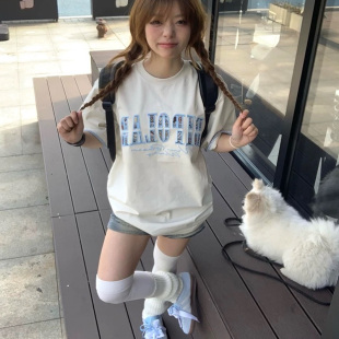 美式 宽松正肩国潮牌oversize上衣 贴布刺绣纯棉短袖 t恤女2025新款