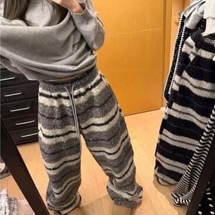 毛绒裤 秋冬美式 宽松加厚保暖居家裤 女2025新款 复古条纹毛呢阔腿裤