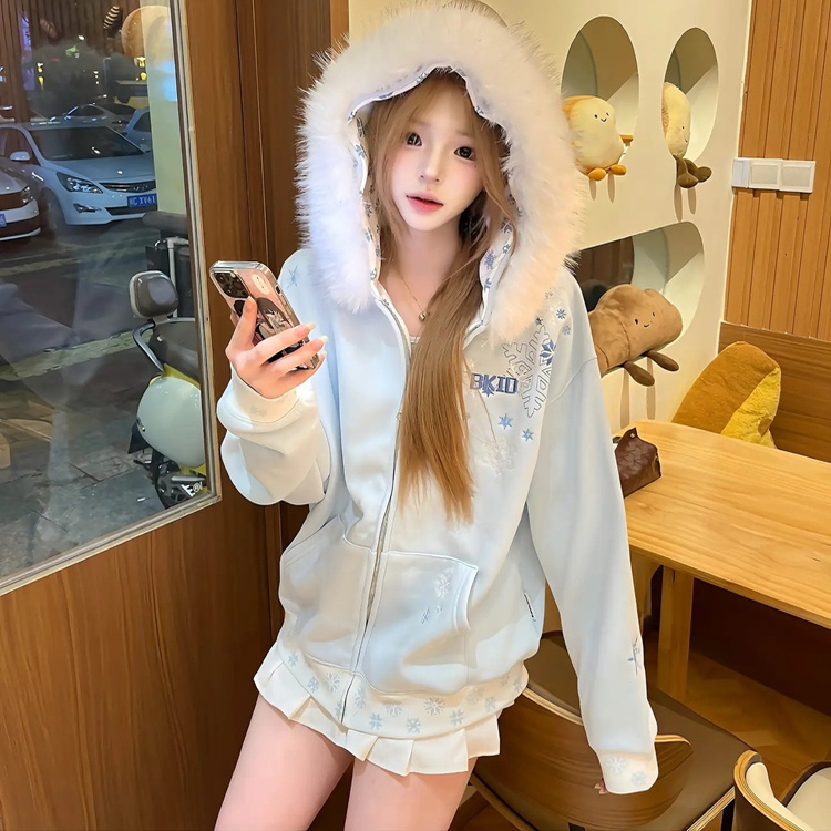 美式复古chic费尔岛毛绒领开衫卫衣女秋冬宽松加绒加厚学院风外套