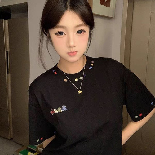 美式高街刺绣彩点短袖t恤女2025设计感小众宽松潮牌情侣纯棉上衣