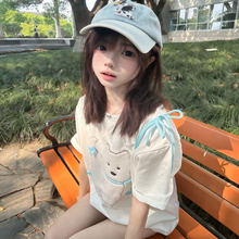 美式高街立体小狗贴布刺绣正肩t恤女宽松国潮牌短袖纯棉半袖上衣
