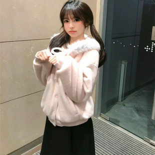 秋冬2026新款粉色毛呢甜美毛衣外套女宽松加绒加厚韩系学院风上衣
