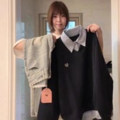 美式 高街学院风拼接polo领假两件卫衣女2025新款 宽松情侣套头上衣