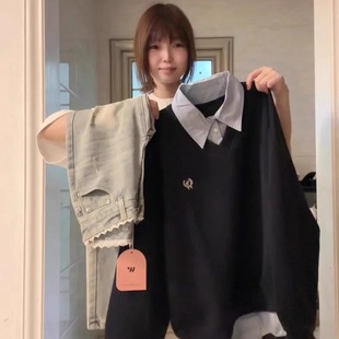 美式高街学院风拼接polo领假两件卫衣女2025新款宽松情侣套头上衣