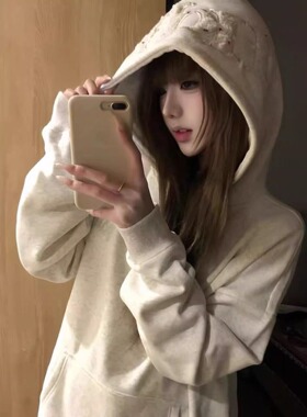 2026年新款白灰色贴布字母刺绣卫衣女秋冬加绒加厚国潮牌高街外套