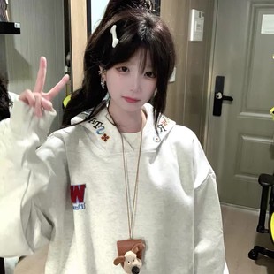 秋冬2025新款 高街彩色字母刺绣连帽卫衣女宽松慵懒风潮牌外套 美式