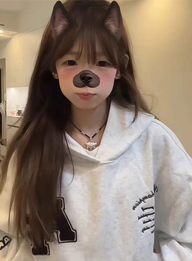 白灰色oversize植绒刺绣字母连帽卫衣女秋冬新款美式高街情侣外套