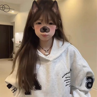 美式复古字母刺绣宽松连帽卫衣