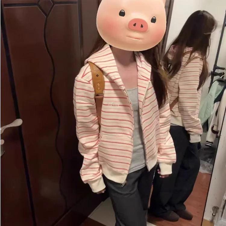 韩系温柔慵懒风条纹开衫连帽卫衣