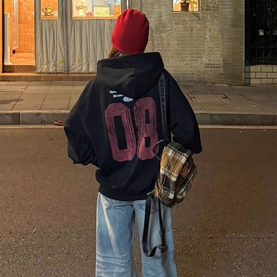 美式复古字母印花宽松连帽卫衣