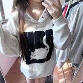 宽松加绒加厚情侣装 美式 高街猫咪刺绣纽扣连帽卫衣女秋冬新款 外套