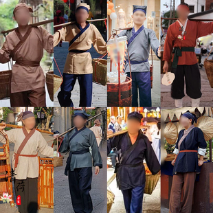 影视古装卖货郎古风集市汉服男士汉服圆领袍棉麻店小二佣人演出服