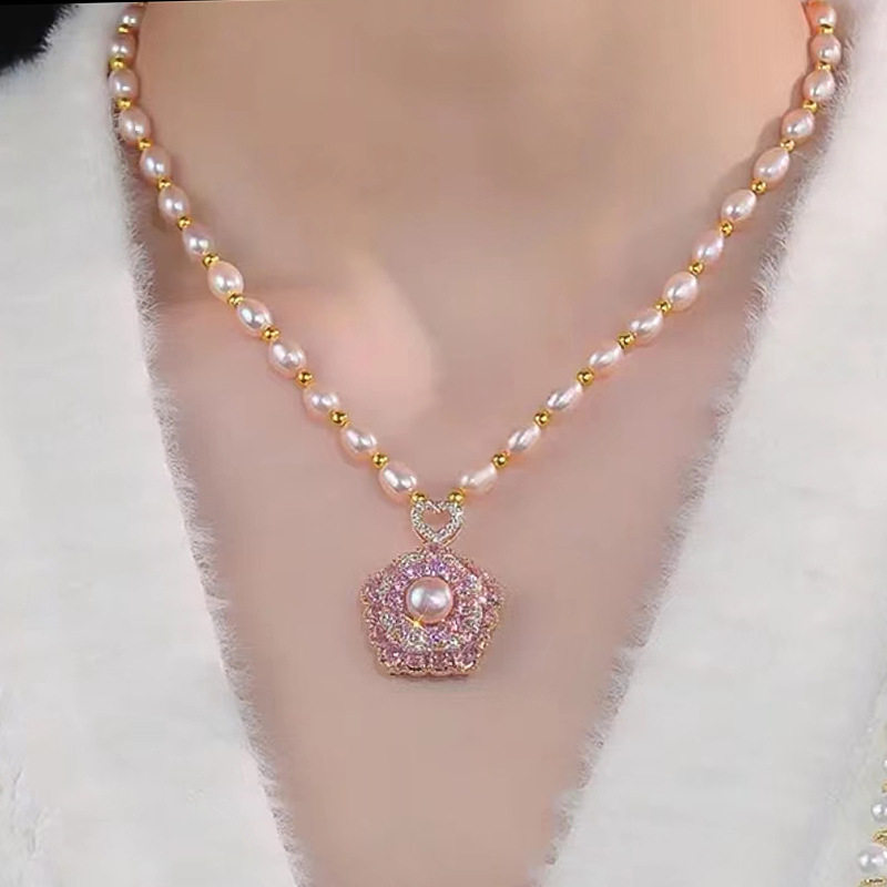 【白色更唯美】花朵天然淡水珍珠项链女百搭小众轻奢锆石珠宝饰品