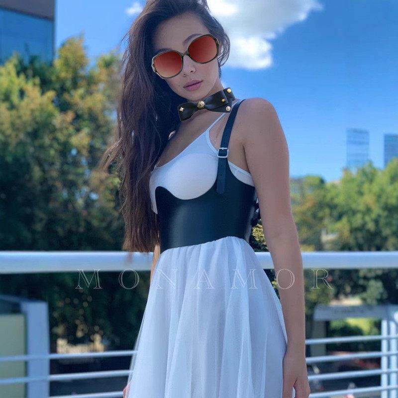 欧美朋克风潮人个性吊带女毛衣裙子托胸短款摇滚