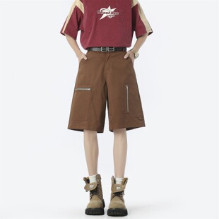复古速干拉链工装 潮牌设计感运动直筒五分裤 短裤 新款 子 男夏季 美式