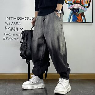 大码男装渐变色潮牌新款百搭水洗工装牛仔裤男宽松加肥加大束脚裤