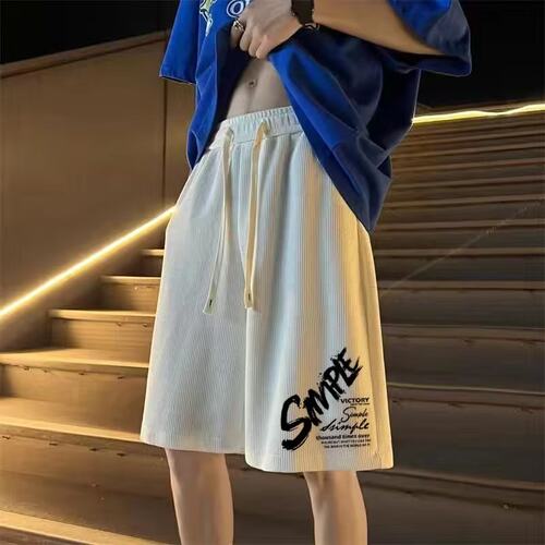 大码华夫格字母印花短裤男学生夏季薄款宽松潮流休闲阔腿五分中裤