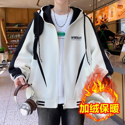 加绒加厚连帽外套男青少年秋冬季美式高街潮牌宽松大码加肥棒球服