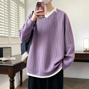 慵懒风假两件撞色竖条纹拼接毛衣男秋冬季大码痞帅V领潮流上衣服